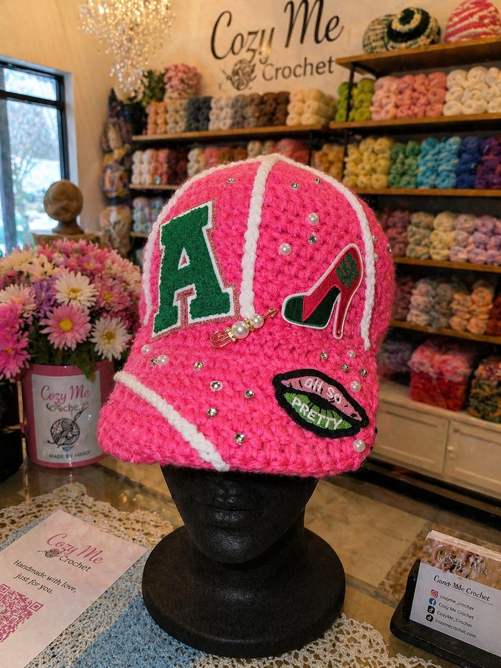 AKA inspired Hot Pink Crochet Baseball Cap with Embellished Patches